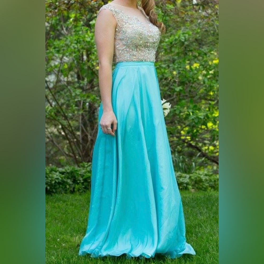 Aqua Blue Sparkly Prom Pageant Formal Dress - Size 0/2